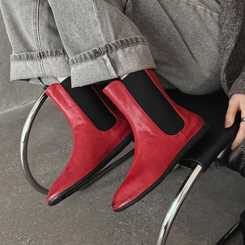 Fashion 2025 NEW Autumn Women Boots Genuine Leather Women Shoes Round Toe Flat Heel Shoes Retro Slip-on Ladies Shoes Modern Boots