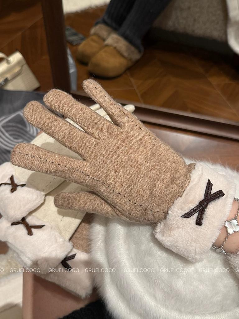 Korean Version of Gloves for Women's Autumn and Winter 2025 New Velvet Cold-proof and Warm Riding Driving Touch Screen Bow Plush Gloves