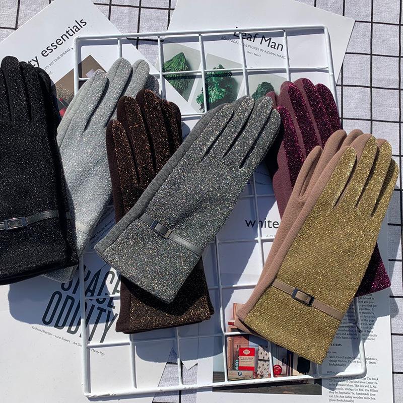 Fashion Bright Silk Ab Version Simple Trend Women'S Gloves Velvet Warm Outdoor Driving Touch Screen Embroidery Gloves