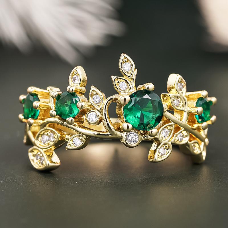 Huitan Elegant Women Gold Color Ring Aesthetic Leaves Design Party Fresh Style Wedding Accessories Jewelry Inlaid Shiny Green CZ