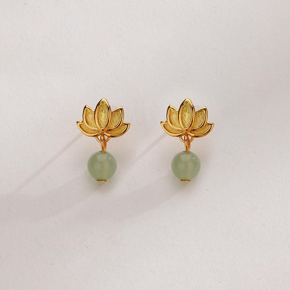 

CIAXY Silver Color Hetian Jade Lotus Earrings Female Exquisite National Style Retro Round Stone Lotus Ear Stud Jewelry