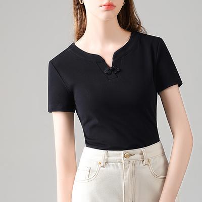 Short-sleeved T-shirt Women's New Popular High-end Black Cotton T-shirt Buckled New Chinese V-neck Top