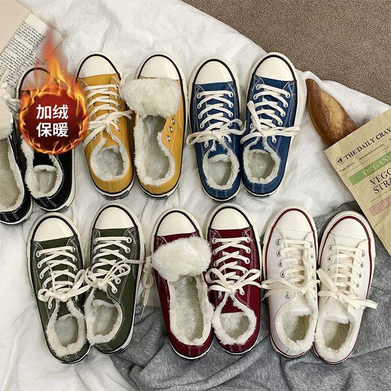 Low-top Cotton Shoes Women's Winter 2025 New Korean Version Versatile Student Velvet Canvas Shoes Women's Shoes Warm and Thicker