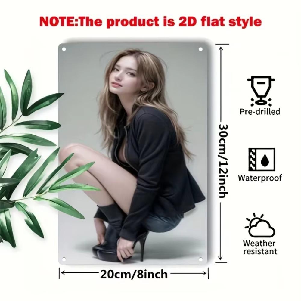 Vintage Metal Wall Art Sign, 2D Flat, Metal Sign Plate - Elegant Female Portrait Poster with Long Dark Hair, Minimalist Home Decor
