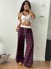 Plaid Patchwork High Waist Casual Sports Pants - Loose Lazy Style Straight Leg
