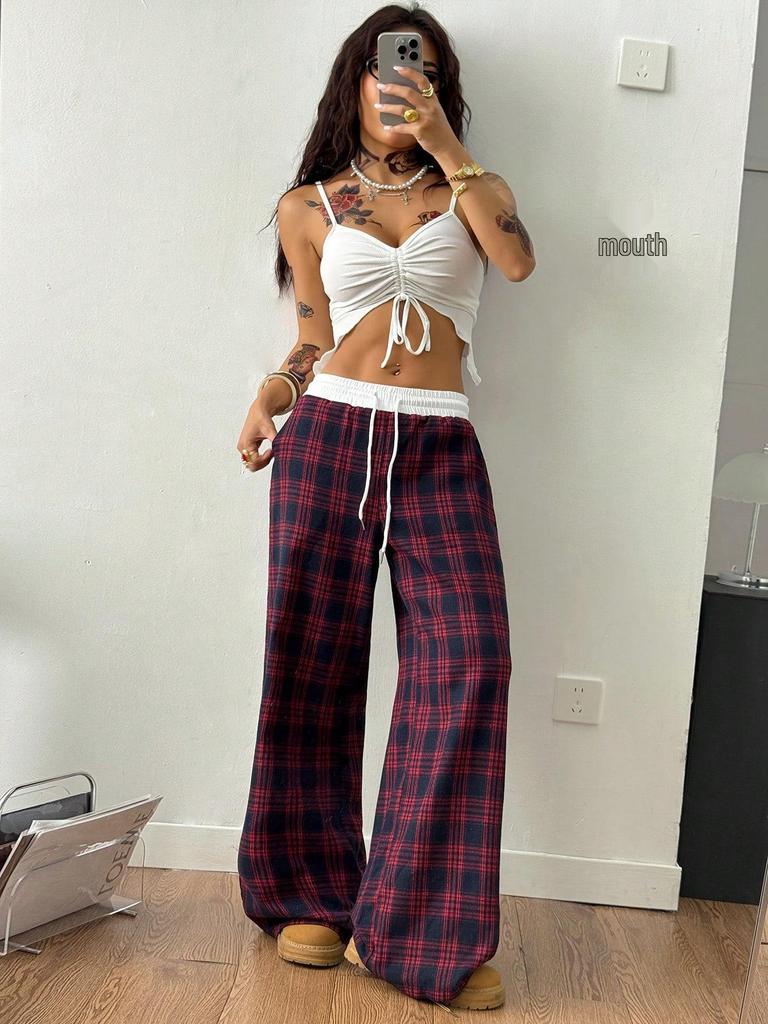 Plaid Patchwork High Waist Casual Sports Pants - Loose Lazy Style Straight Leg