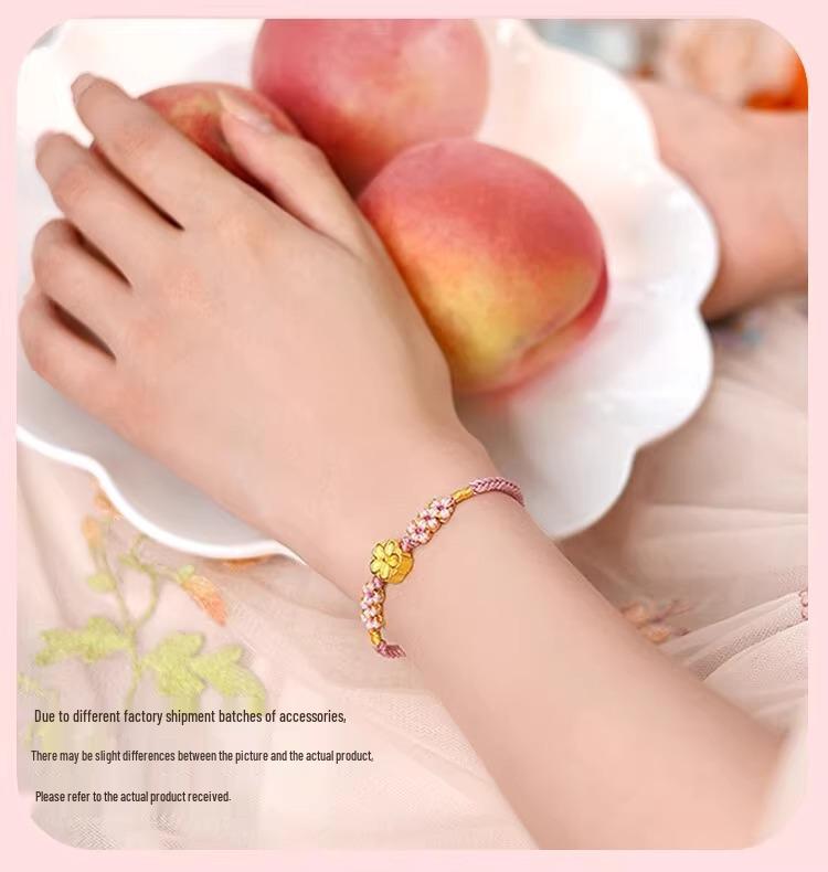 999 Pure Gold Peach Blossom Bracelet with 3D Hard Gold Luck Bead and Cherry Blossom Red Hand Rope