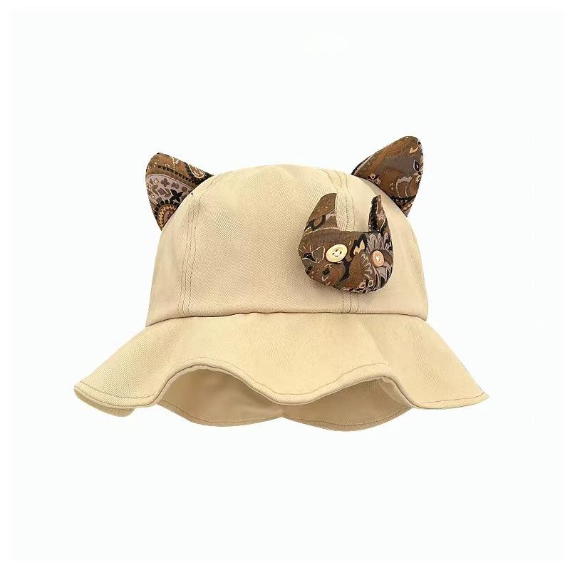 Sommer Neu Niedliche Katzenohren Ethnischer Stil Puppe Fischerhut Damen Outdoor Reisen Po Stempelkarte All-Match Sonnenschutz Eimerhut 55-59cm beige