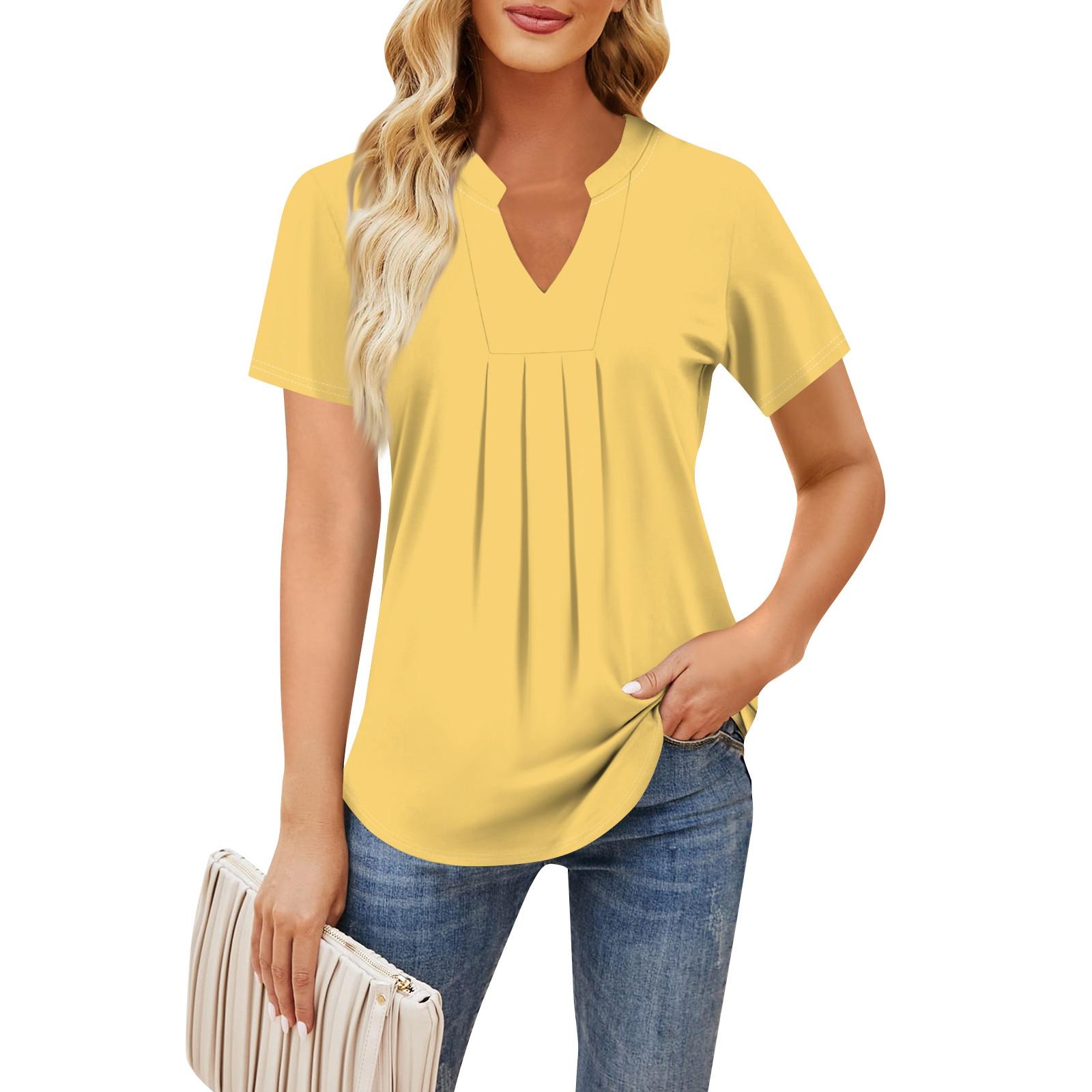 Женская повседневная свободная футболка с коротким рукавом и v-образным вырезом на груди — фото 6