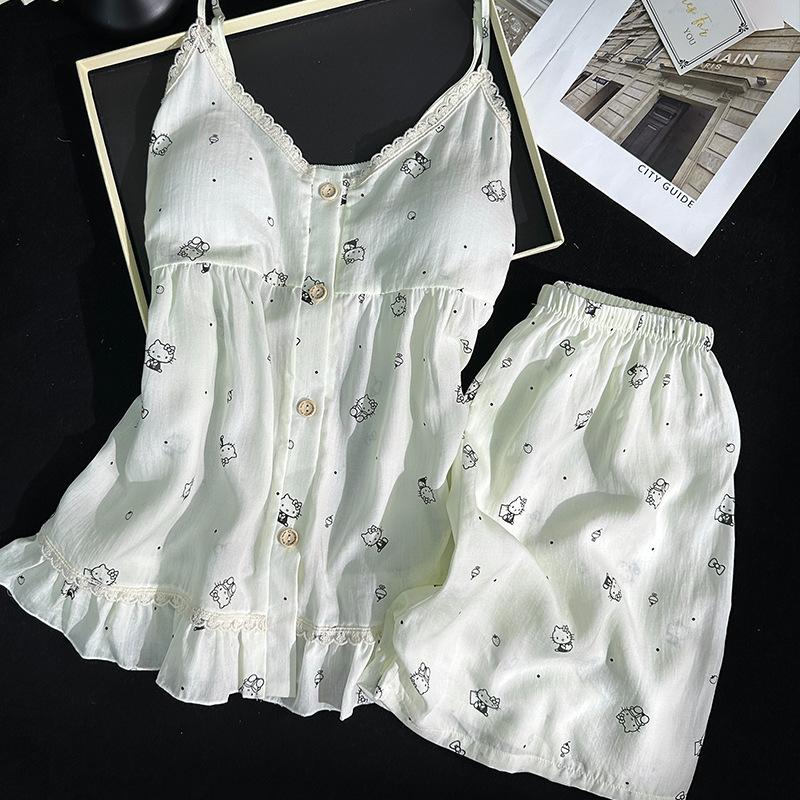 Cartoon suspenders lace pajamas ladies lyocell sweet cute wind shorts summer loungewear comfortable suit