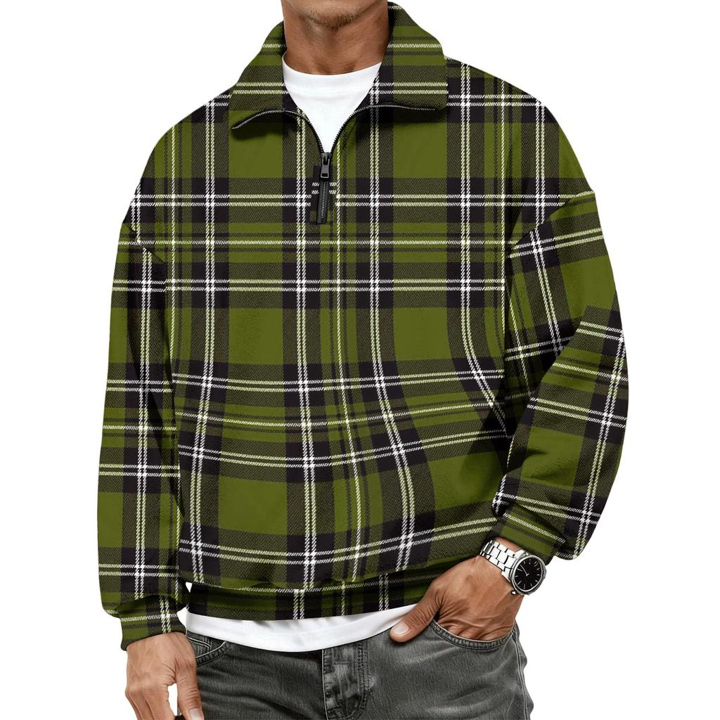 Heren Geruite Quarter-Zip Long Sleeve Flanellen Sweatshirt Casual