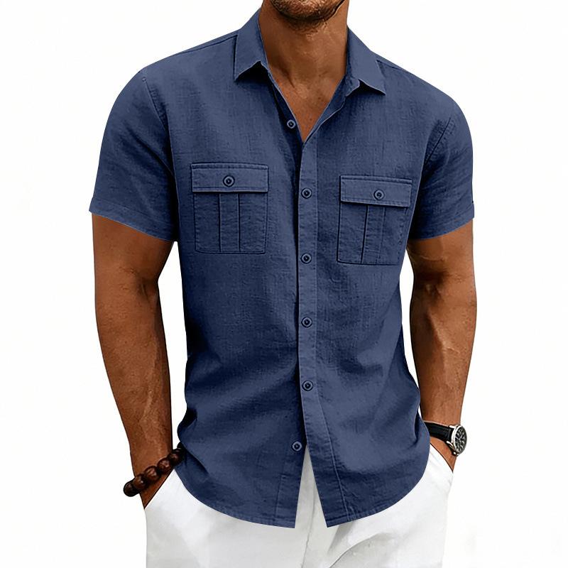 Men's Linen Cargo Short Sleeve Shirt, American Style Casual Double Chest Pocket Loose Button Down Tops for Men