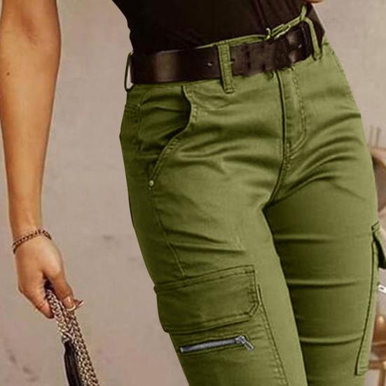 Damen Cargohose Unifarbe Mittelhoch Knopf Reißverschluss Verschluss Lässige Hose Mehrere Taschen Design Elastische Bündchen Lange Hose