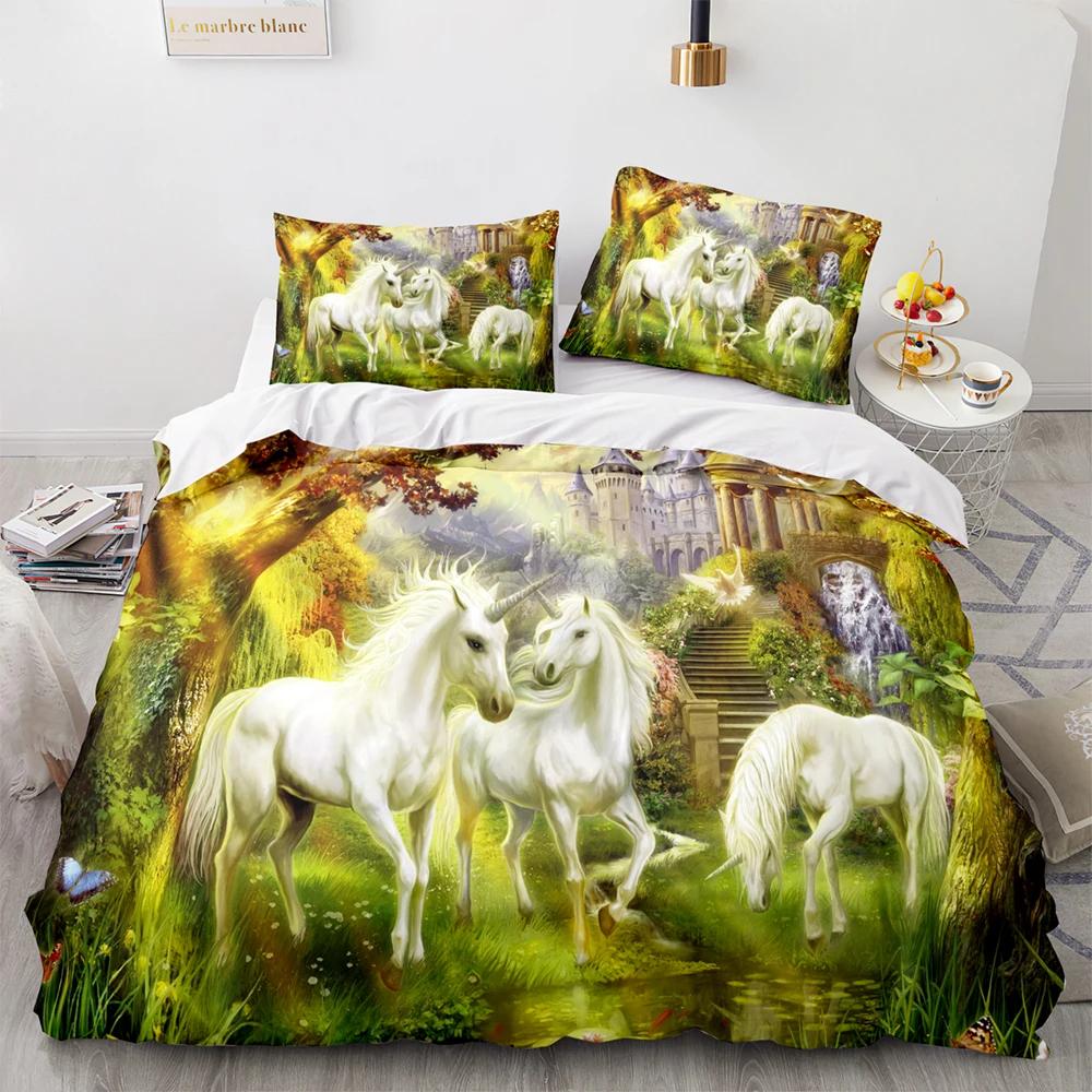 Fantasy Unicorn Bedding Set Single Twin Full Queen King Size One-horned Horse Bed Set Aldult Kid Bedroom Duvetcover Set 3D Print