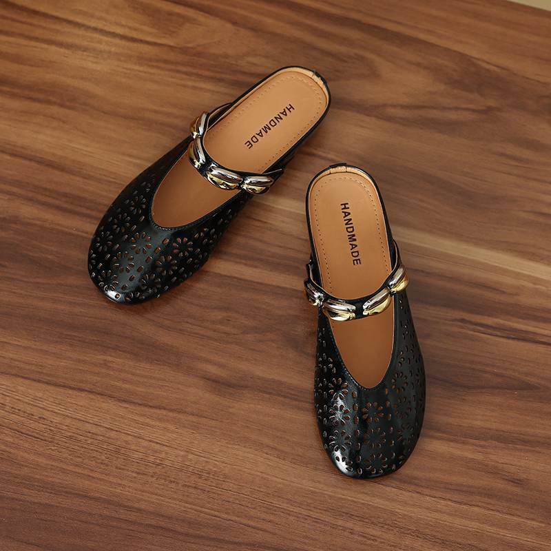 Krazing Pot Cow Skin Mules Round Toe Size 42 Low Heels Slip On Light Shoes Increased Hollow Style Autumn Pumps