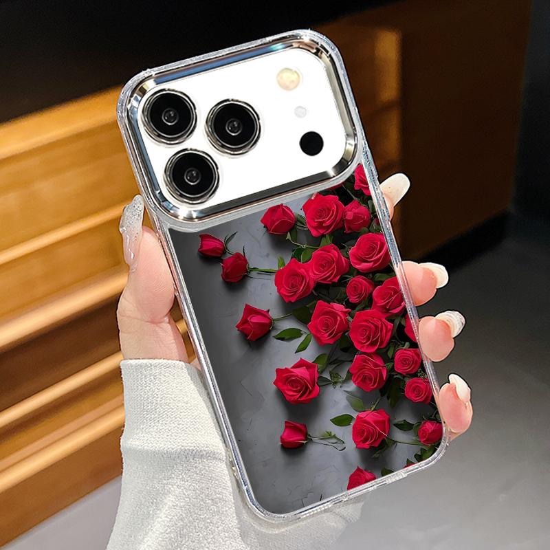 

Чехол с покрытием и рамкой для камеры для iPhone 17 Pro Max Алый Красный Узор с Розами Прозрачный Мягкий Чехол для iPhone 16 15 14 13 Pro Max 11 16E 17E iPhone 14 прозрачный