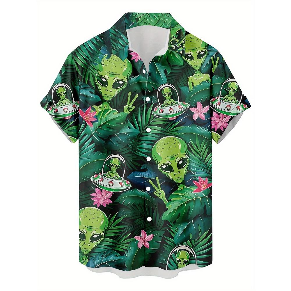 Funny Alien Pattern 3D Printed Summer Men's Shirt for Street Casual Hip-Hop Rock Hawaiian Style, Suitable for Daily Wear