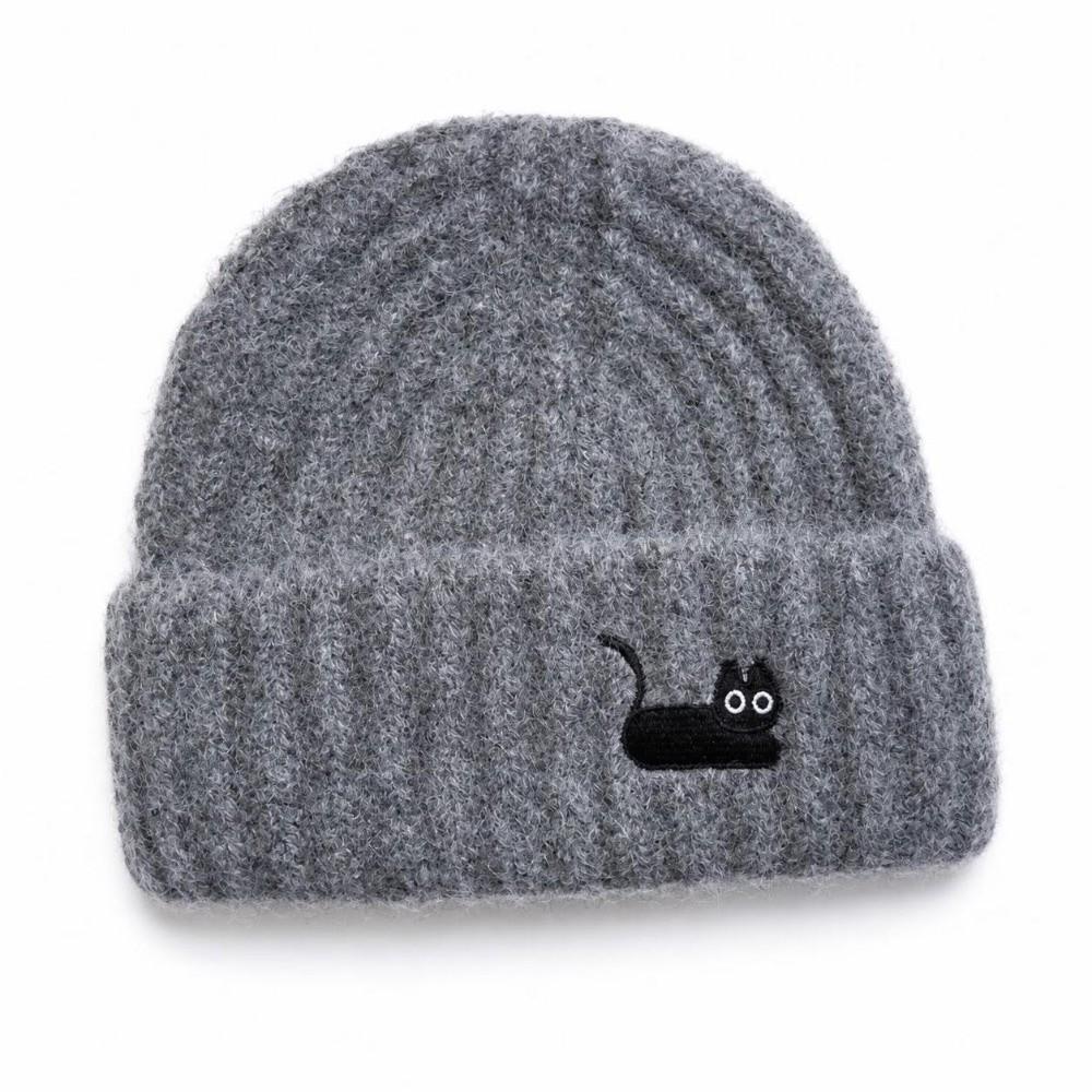 Soft Warm Beanie Hat Cat Embroidered Winter Thermal Cap New Knitted Woolen Hat  Women