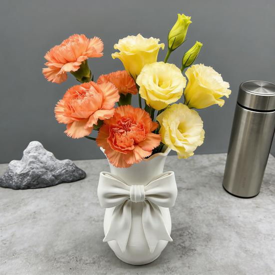 Pink White Bow Vase Plastic Farmhouse Flower Vase Makeup Brush Pen Holder for Table Bathroom Shelf Centerpiece