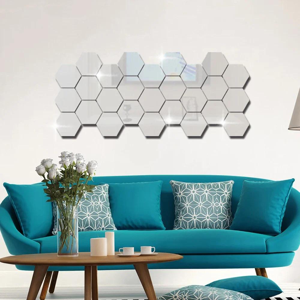 24pcs 3D Hexagon Mirror Wall Sticker Acrylic Geometric Art Tile DIY Self-adhesive Decal Replacement Home Living Room Decoration