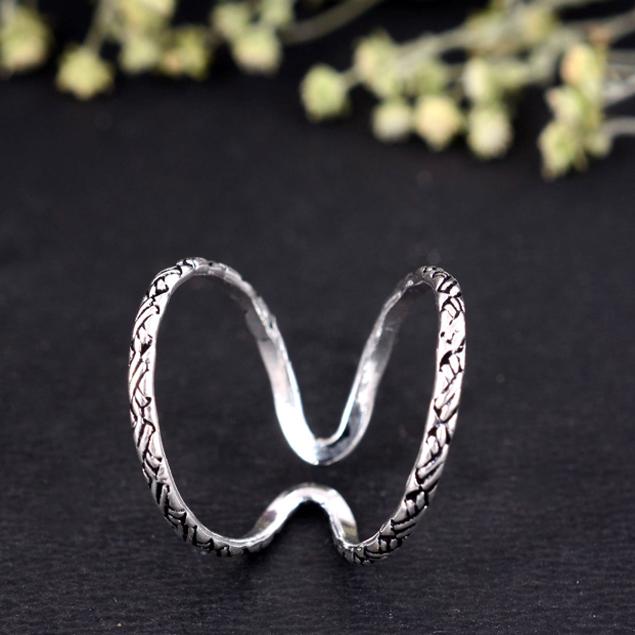 

Woven Texture Double Band Ring | Adjustable Silver Knuckle Ring | Oxidized Boho Statement Splint Jewelry | Open Split Shank Mid-Finger Ring 9 срібний