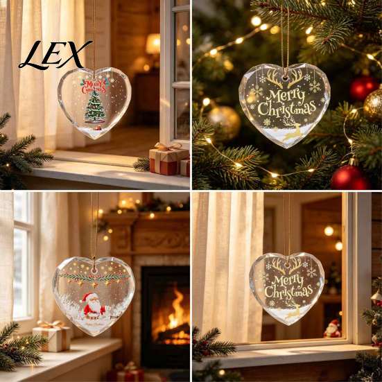 Clear Plastic Ornaments for Tree Heart Shaped Christmas Ornaments, Crystal Santa Winter Scene Hanging Ornament, Transparent Classic Decor Xmas Pendant
