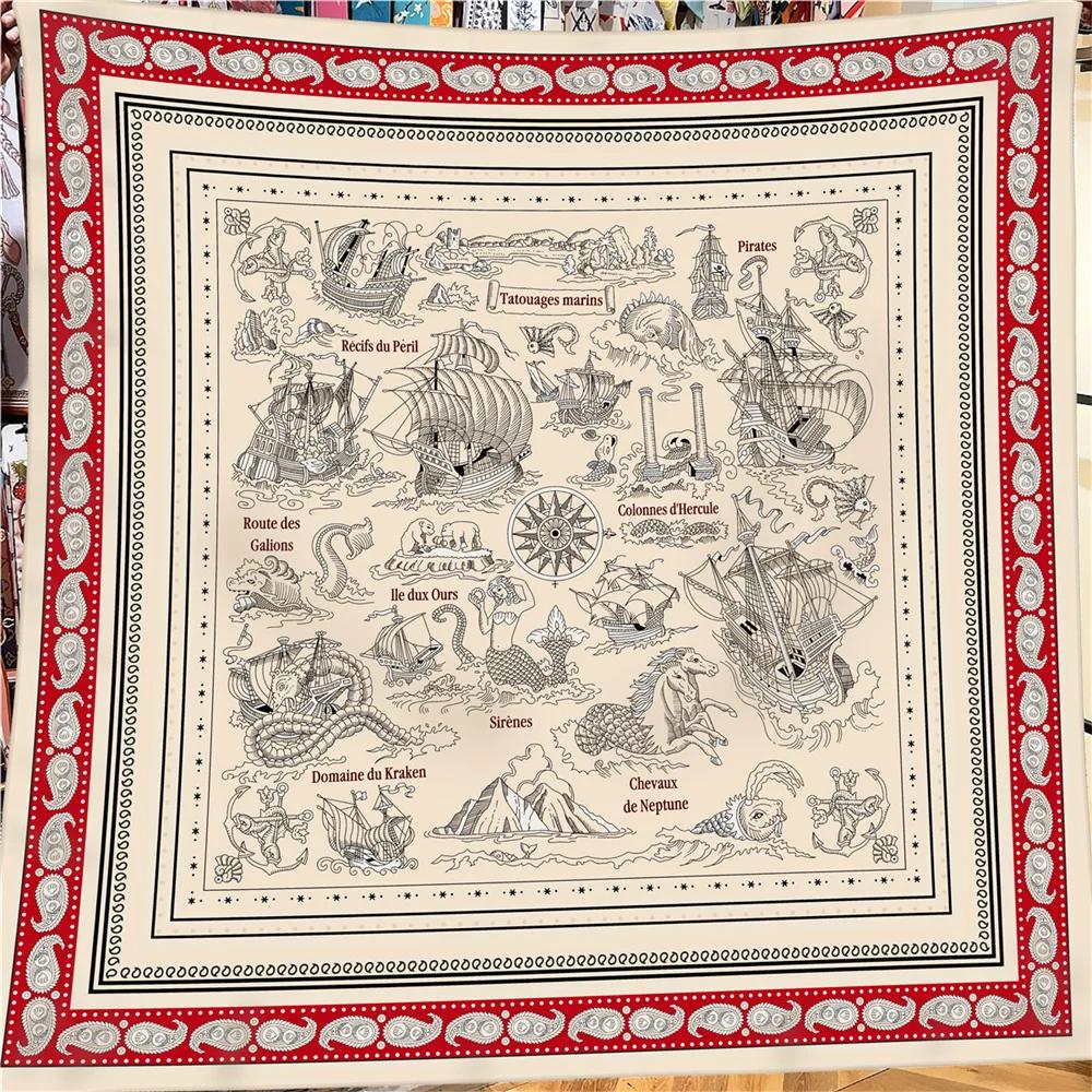 30% Silk 70% Cashmere Scarf Women Hand Rolled Horse Print Square Scarves Wraps Bandana Big Hijabs Female Foulard 135Cm