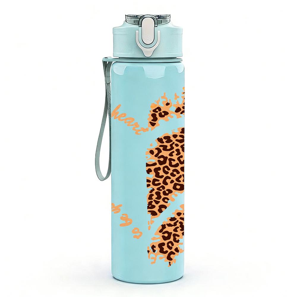 1PC Gradient Leopard Print Heart 750ml Color Plastic Sports Water Bottle Leakproof Flip Straw Lid Suitable for Sports Office Home Use