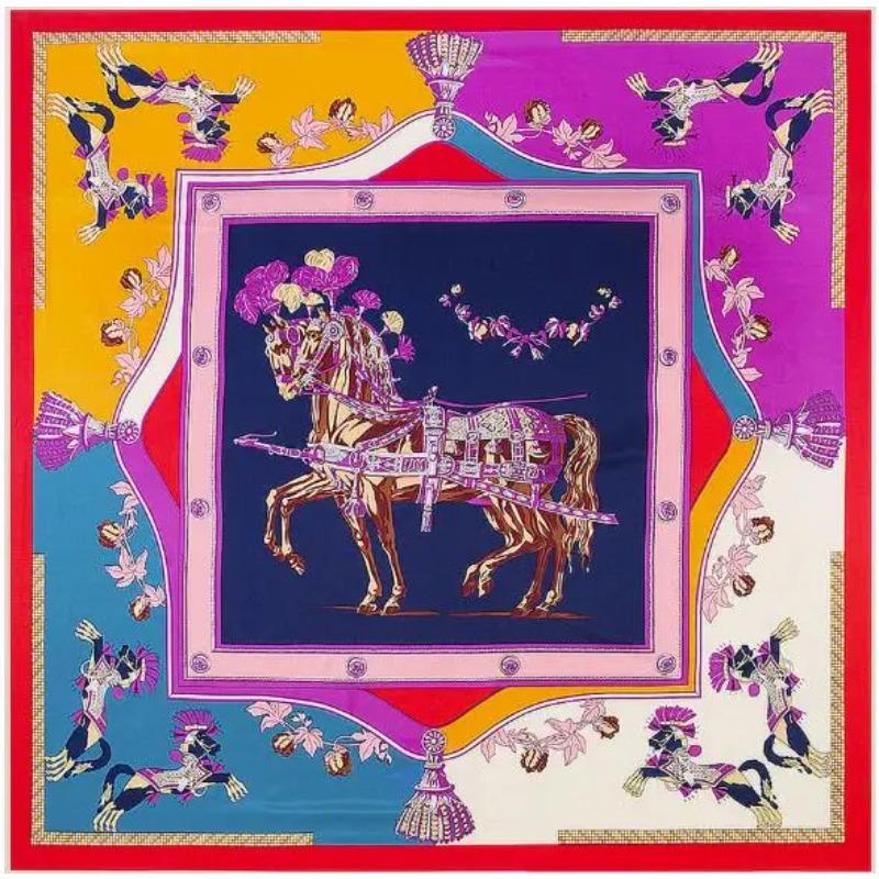 130*130 cm Twill Silk Women Scarf Euro Design Fashion War Horse Print Square Scarves Luxury Brand Gift Large Shawls