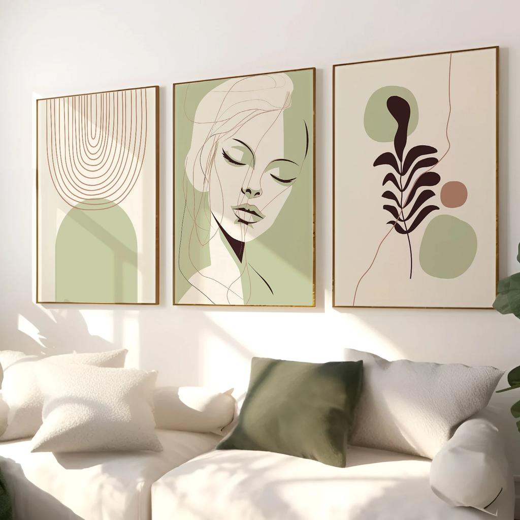 3PC Sage Green Boho Wall Art Minimalist Line Face, Abstract Arch & Botanical Print, Neutral Modern Decor for Living Room