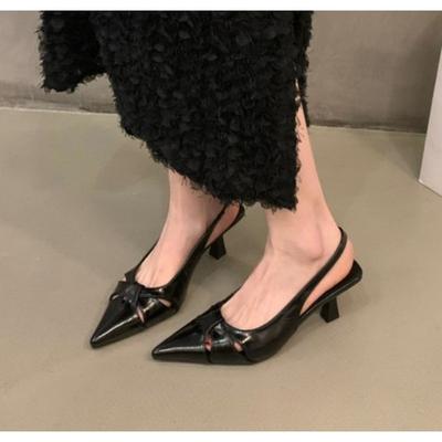 New Summer Luxury French Wine Red Pointed Patent Leather Mid-heel Overhead Sandals for Women Retro Skinny Heel Back Empty Shoes