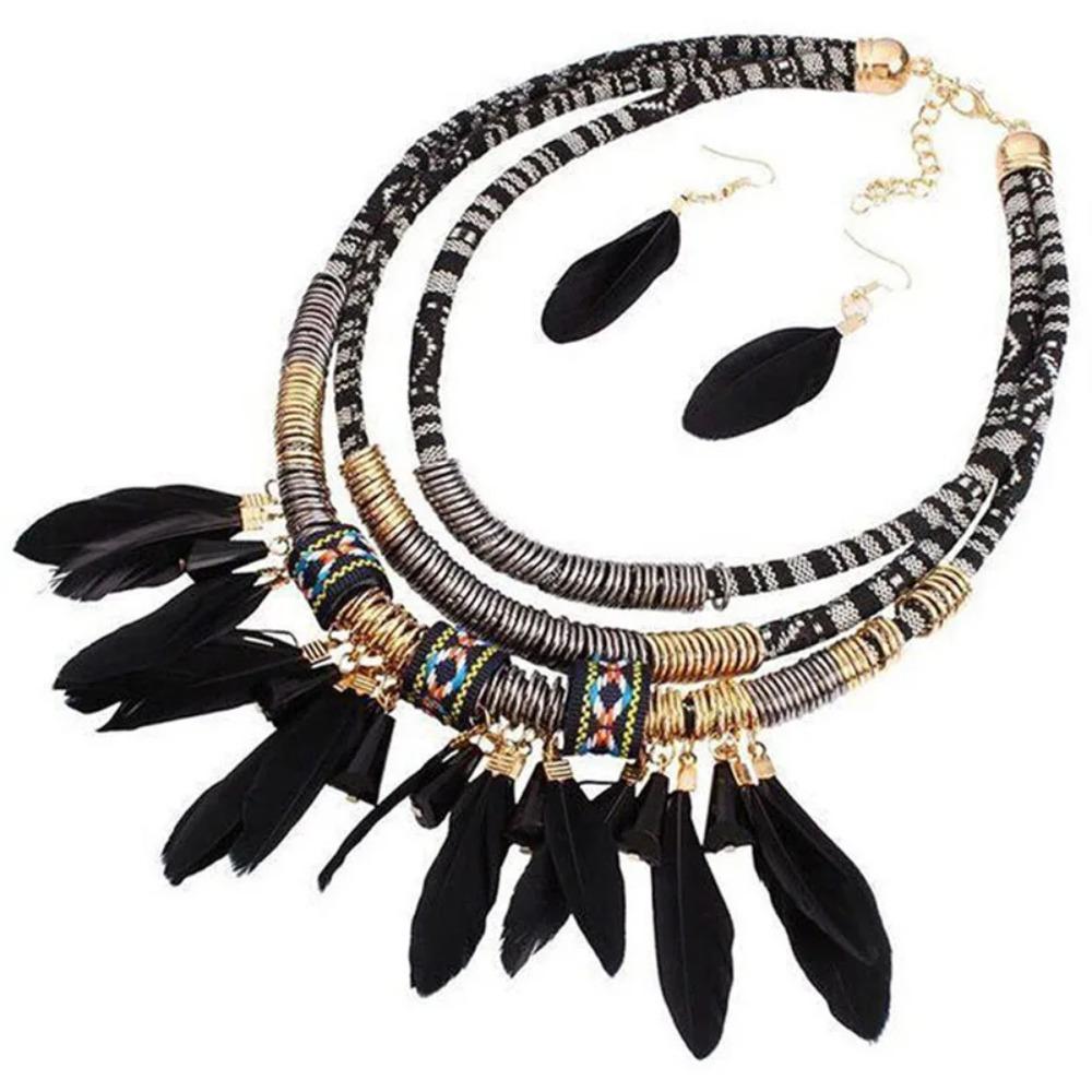 Metal Ethnic Necklace Hand Woven Necklace Earrings Set Vintage Feather Choker  Women