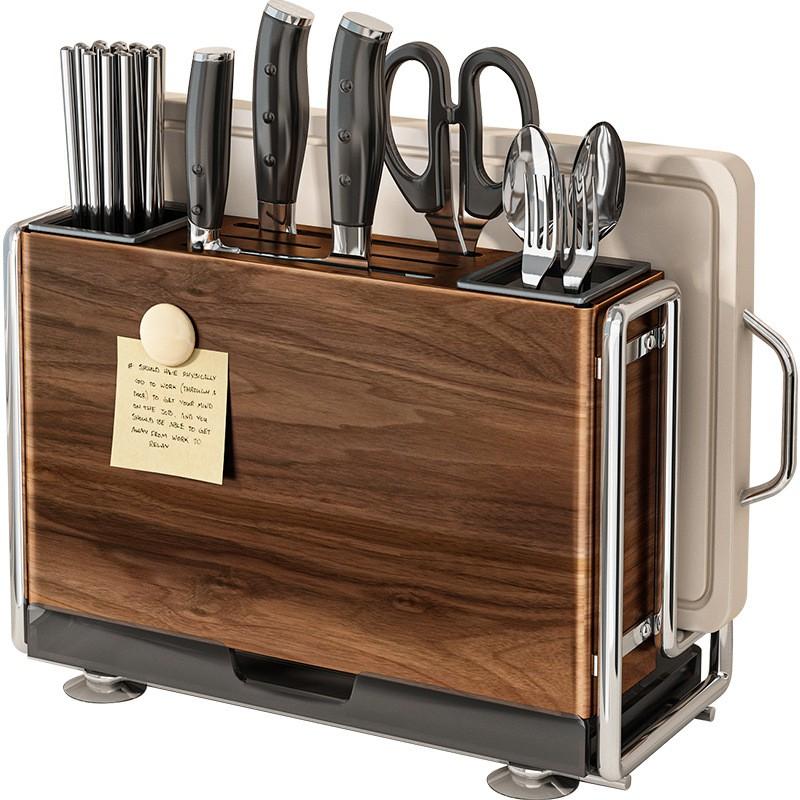 Multi-Functional Kitchen Knife Rack With Magnetic Holder Knives Chopsticks Cutting Board Countertop Or Wall Mount Wood Grain