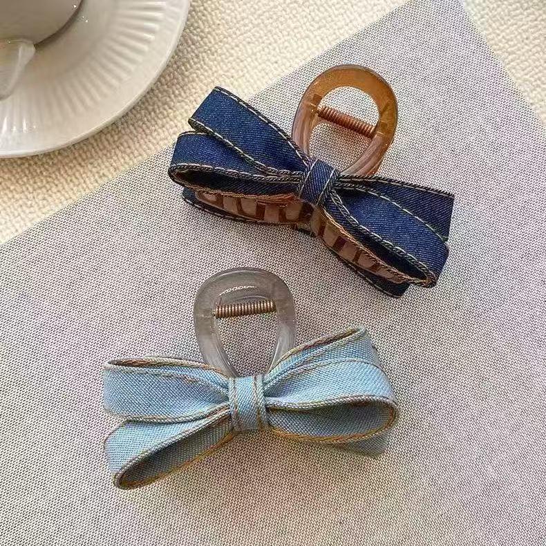 Korean Style Denim Bow Hair Clip - Versatile Shark Clip Accessory for Buns