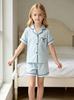 Girls Blue Striped Pajama Set, Short Sleeve Button-Down Sleepwear with Bow, Soft Loungewear for Kids 8-12 Years