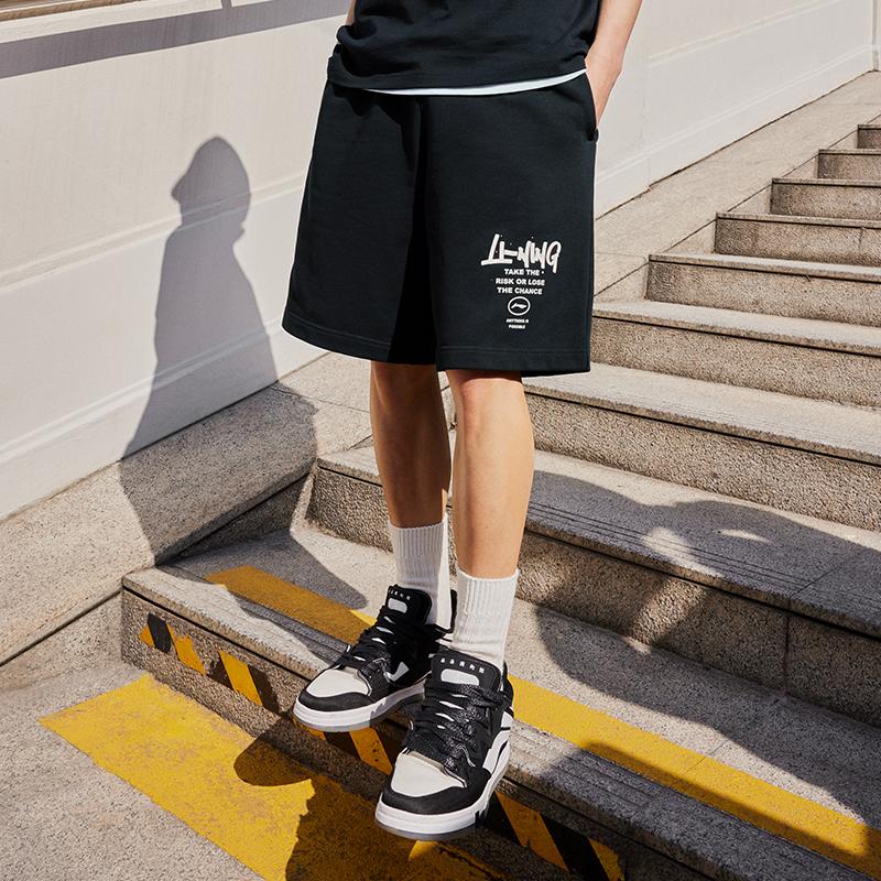 Li-Ning Breathable Loose Fit Elastic Printed Letter Knit Casual Shorts Men Shorts Black AKSU685-2