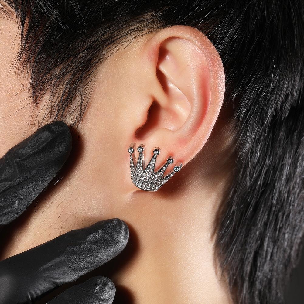 Summer Men's Stud Earrings Hip-hop Niche Diamond-encrusted Crown Earrings Hipster Earrings One Piece