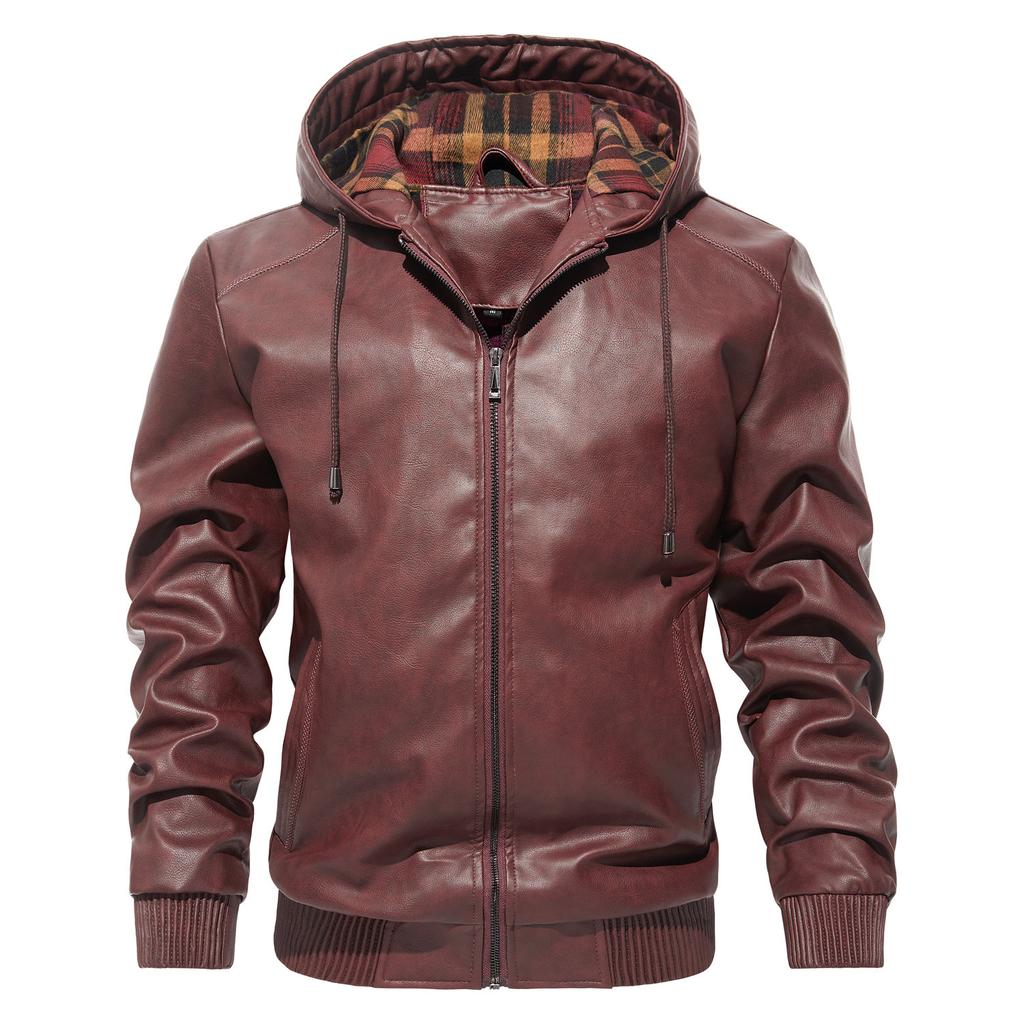 Source joom men's casual versatile hooded leather jacket trendy basic version pu leather jacket