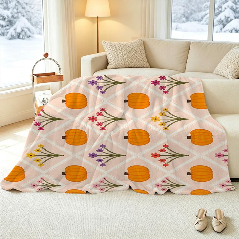 Plush Flannel Throw Blanket | Pumpkin Floral Design, Machine Washable, Soft Cozy & Skin-Friendly, Great for Home, Office Napping