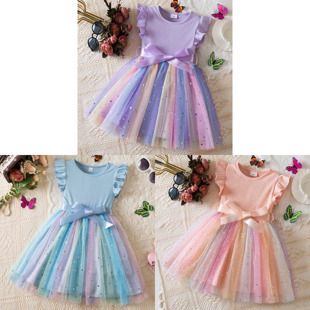 Girl Summer Princess Dress With Glitter Tulle Fabric For Toddler Birthday Party
