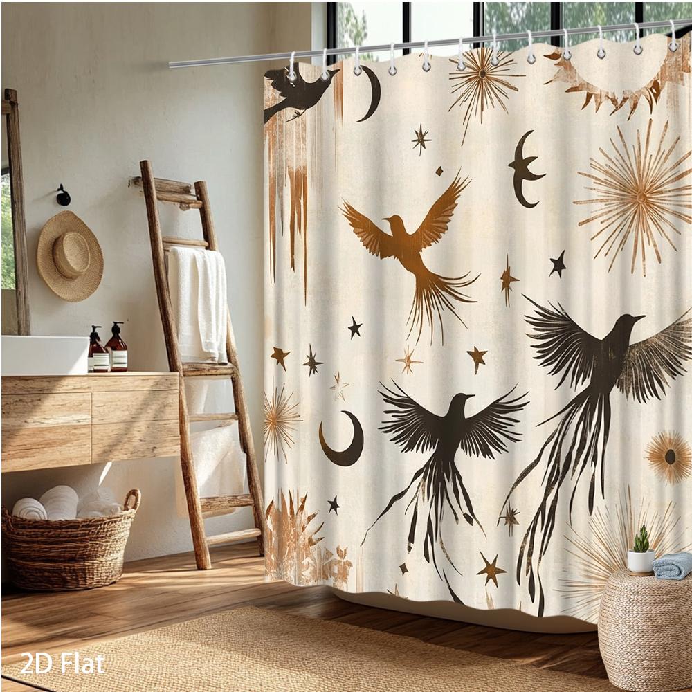 Birds & Stars Shower Curtain – Elegant Celestial Design, 2D Flat, Multiple Sizes, 59X70.8In To 90.5X70.8In, Includes Hooks