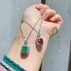 Retro Square Emerald Pendant Simulation Pigeon Blood Red Treasure Necklace Jewelry Accessories Set