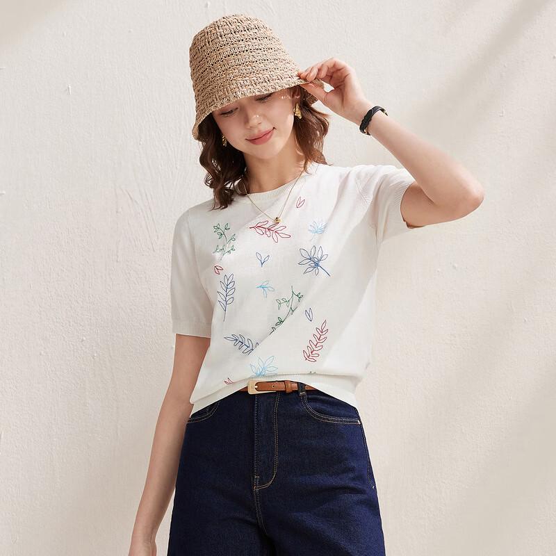 Zhaojun Damen Kurzarm-T-Shirt aus Seidenmischung mit Blattstickerei