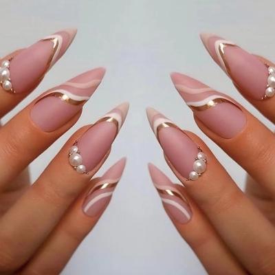 24Pcs/Set Quick Nails Long Platinum Wavy French Pearl False Nials Sticker Wearable Waterproof Manicure Finished Nails