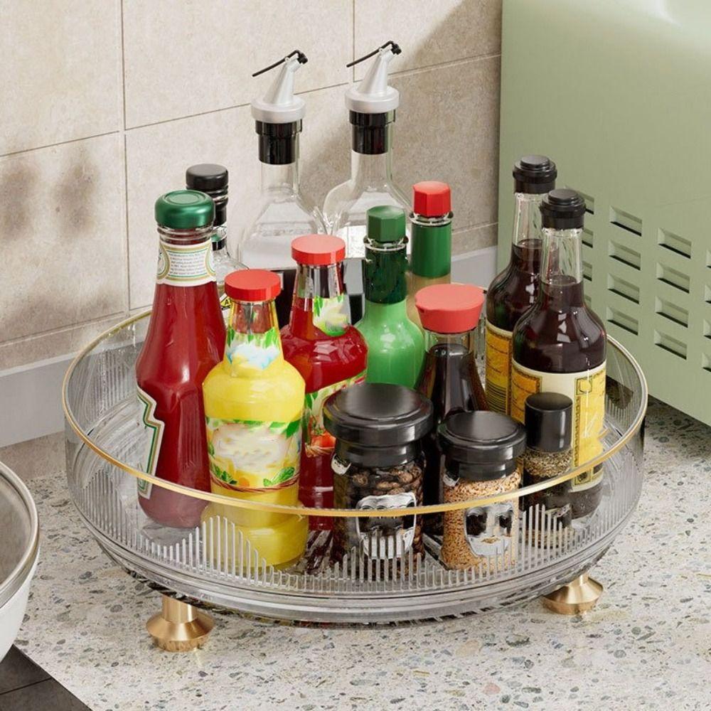 360°Rotating Rotating Spice Rack Non-slip Base Clear Plastic Rotating Container Bins Space Saving Round Storage Tray