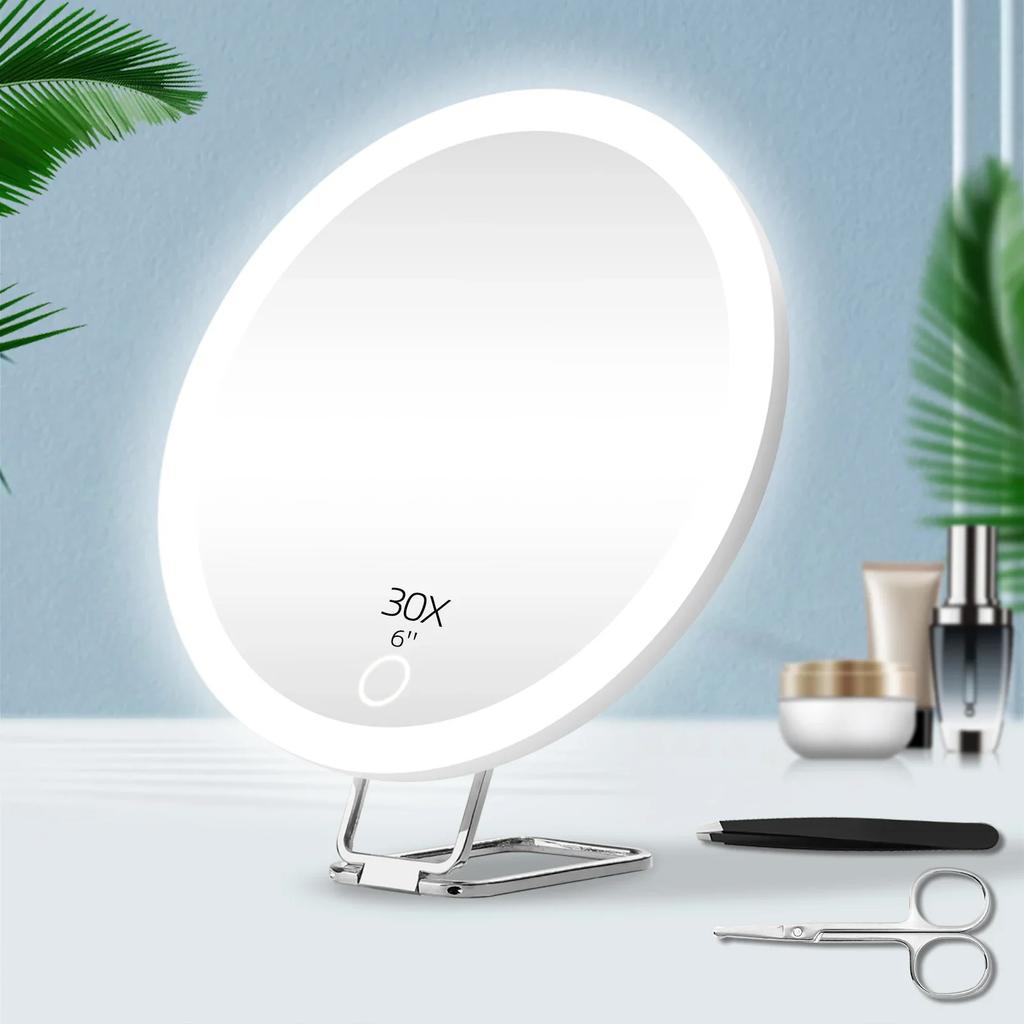 6 Inch Magnifying Mirror with Light 5-30X Portable Travel Magnified Mirror with 360° Adjustable Stand and Suction Cup