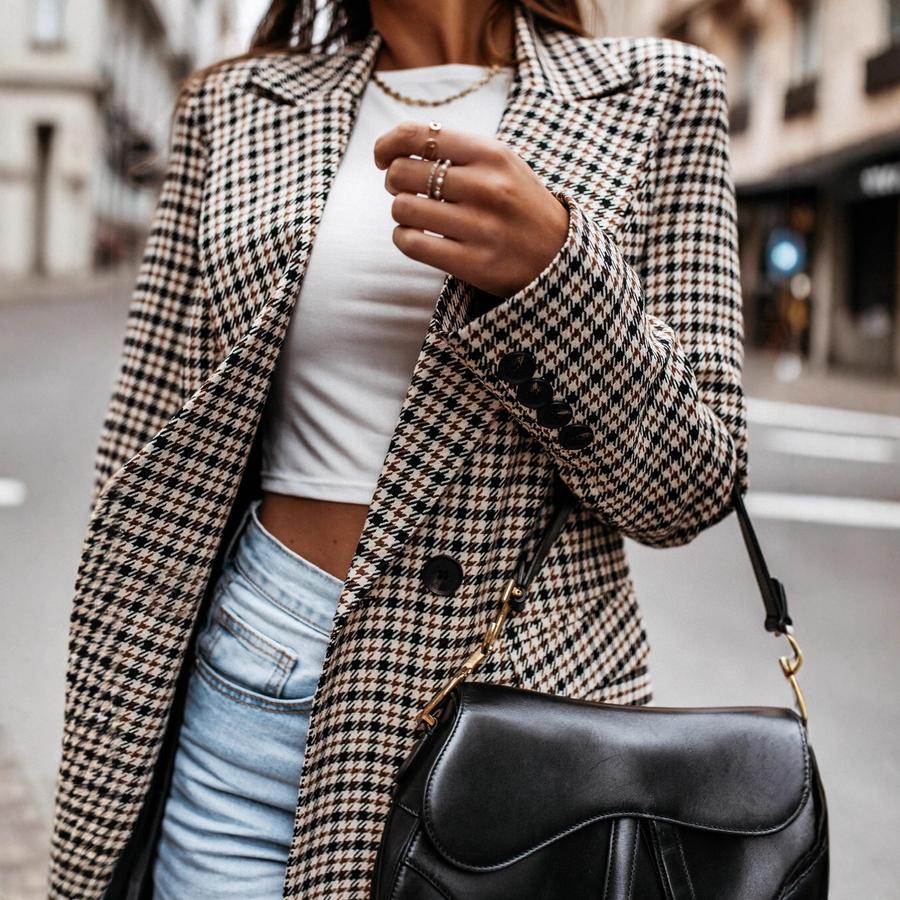 Spring/Autumn Women's Trench Coat, Fit Collar Mid-Length Checkered Blazer
