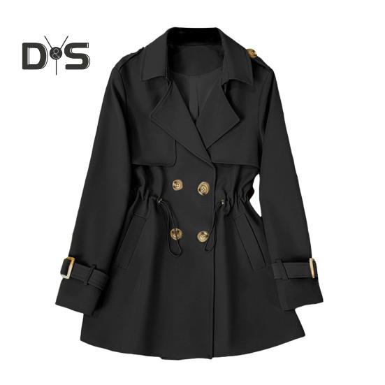 Winter Women Jacket Long Sleeves Elastic Drawstring Waist Pockets Windbreaker Double-breasted Coat Mid Length Windproof Warm Coat