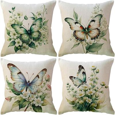 Green Butterfly White Flower Light Fresh Style Pillowcase Bedroom Sofa Decorative Cushion Cover with Zipper