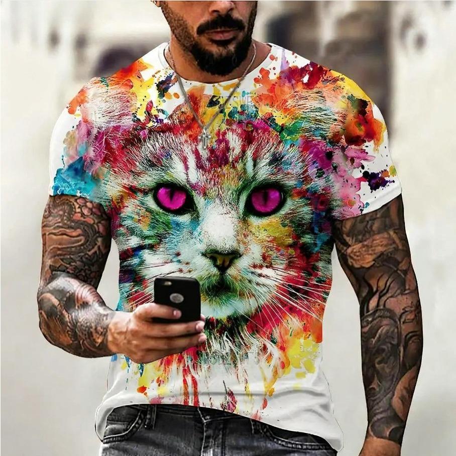 

Летняя футболка с круглым вырезом и 3D-принтом с животным кошкой, модная повседневная мужская футболка с коротким рукавом 6XL